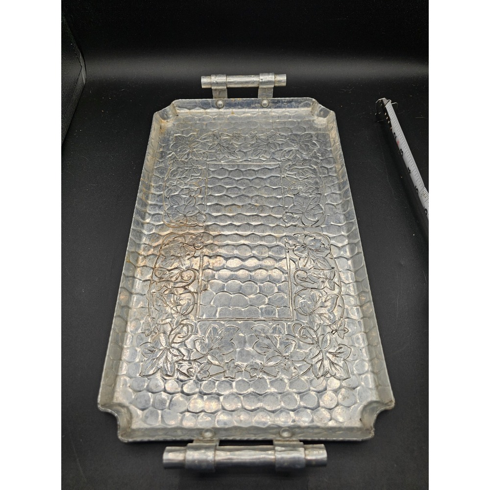 World Hand Forged Aluminum Tray Vintage Hammered Floral Leaf Serving Platter